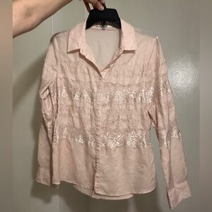 Guess Blouse Top Button Down Small Pale Pink Lace Trim Long Sleeve